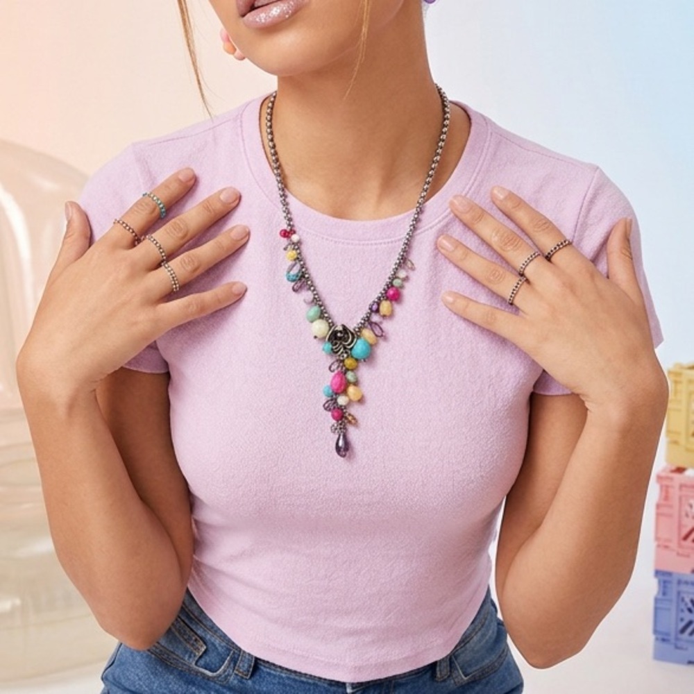 Vintage Fossil Beaded Flower Y-Necklace Y2K Boho Statement Jewelry Multi-Color - Picture 2 of 9